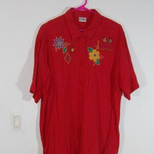 KORET Blouse Red with Appliqued Beaded Flower Cotton Blend Seer Sucker Vintage